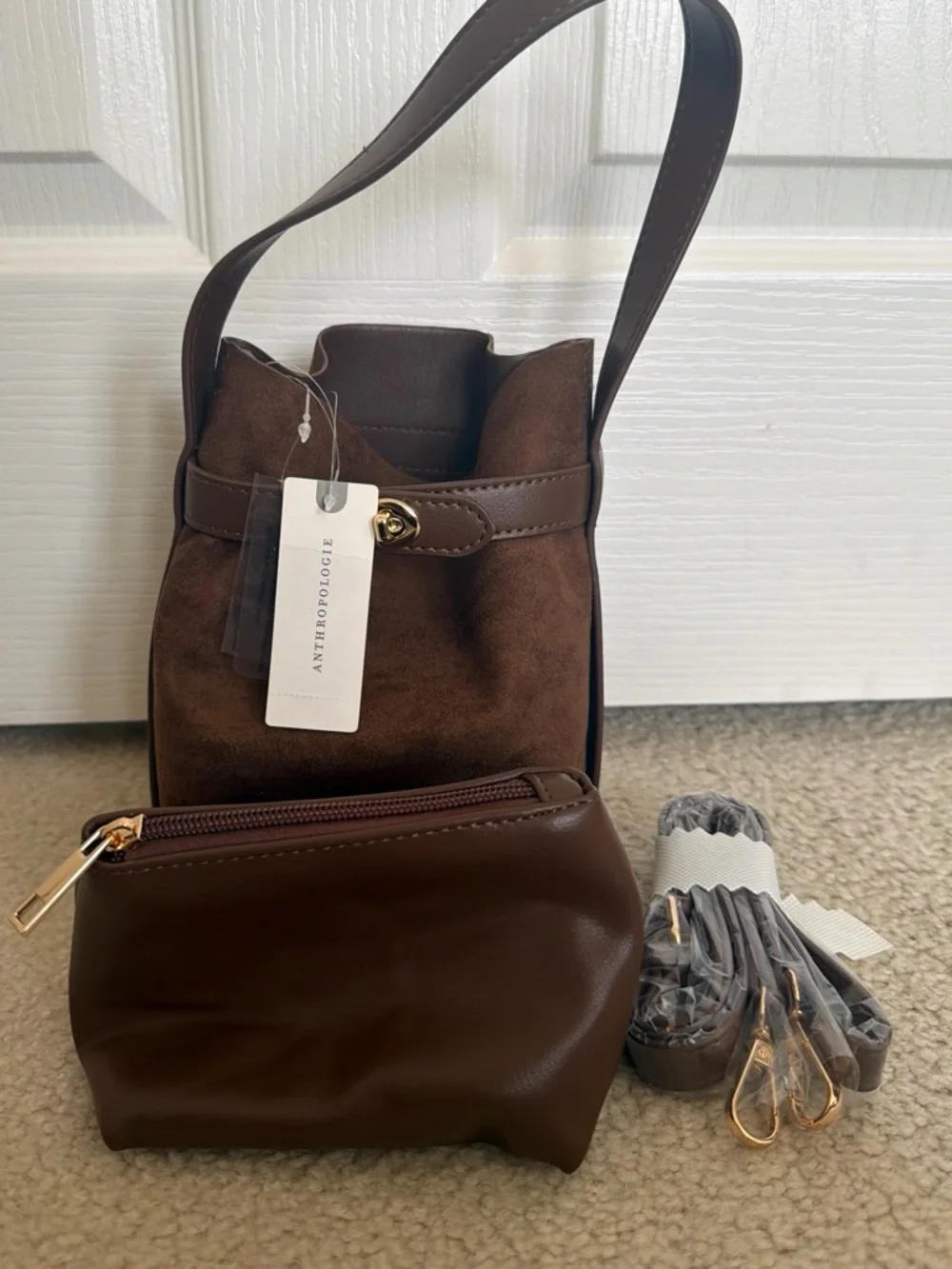 Anthropologie Brown faux suede bucket bag with leather strap and leather pouch